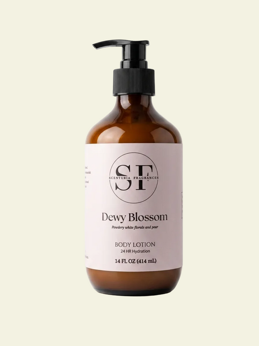 Body lotion bottle with a pink label on a white background